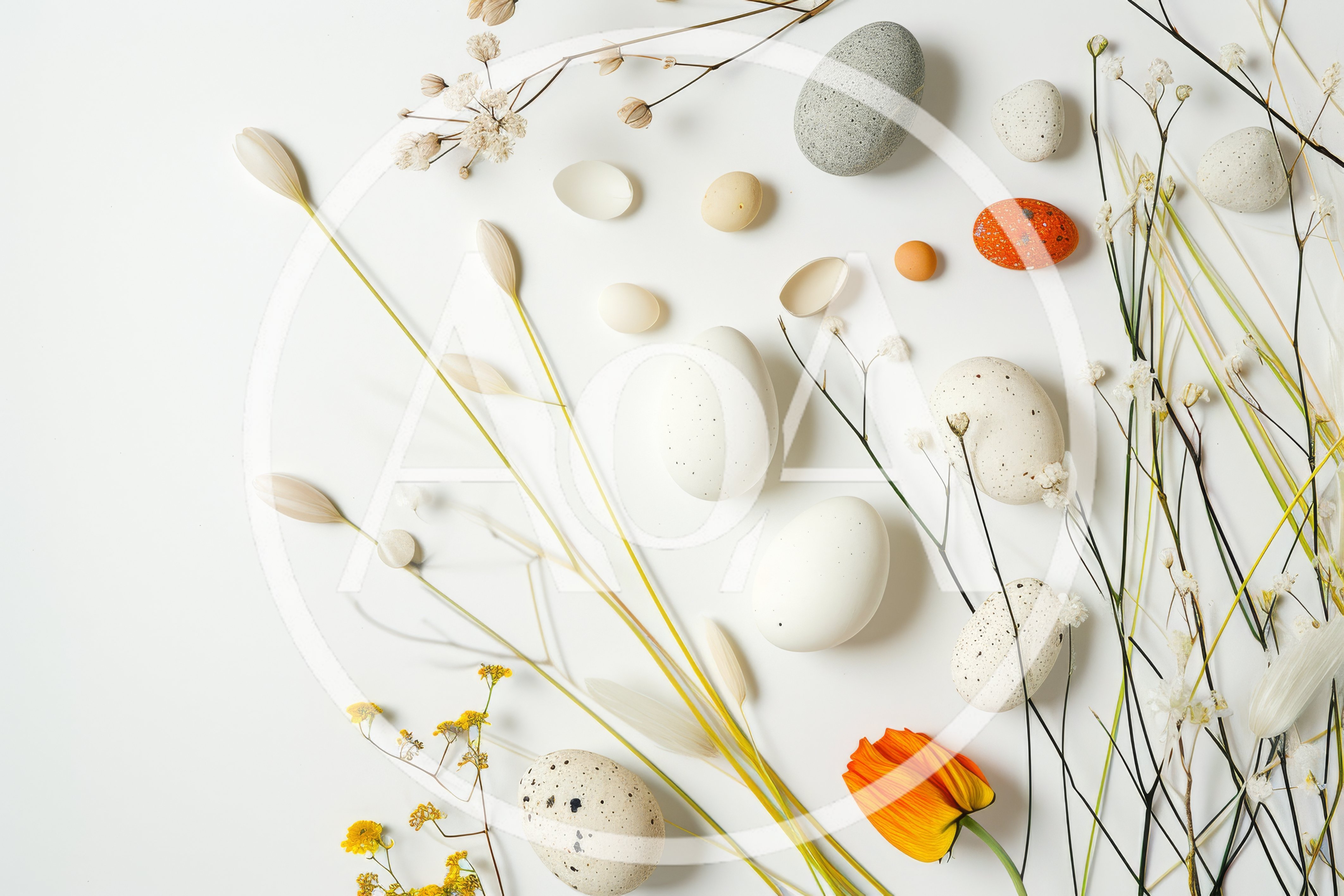 Easter Eggs And Dried Flowers Flat Lay