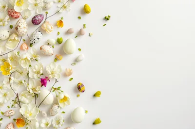 Easter Eggs and Spring Flowers Flat Lay