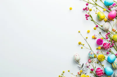 Easter Eggs And Spring Flowers On White Background