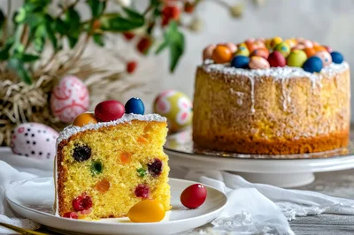 Easter Cake Slice With Colorful Candy Eggs