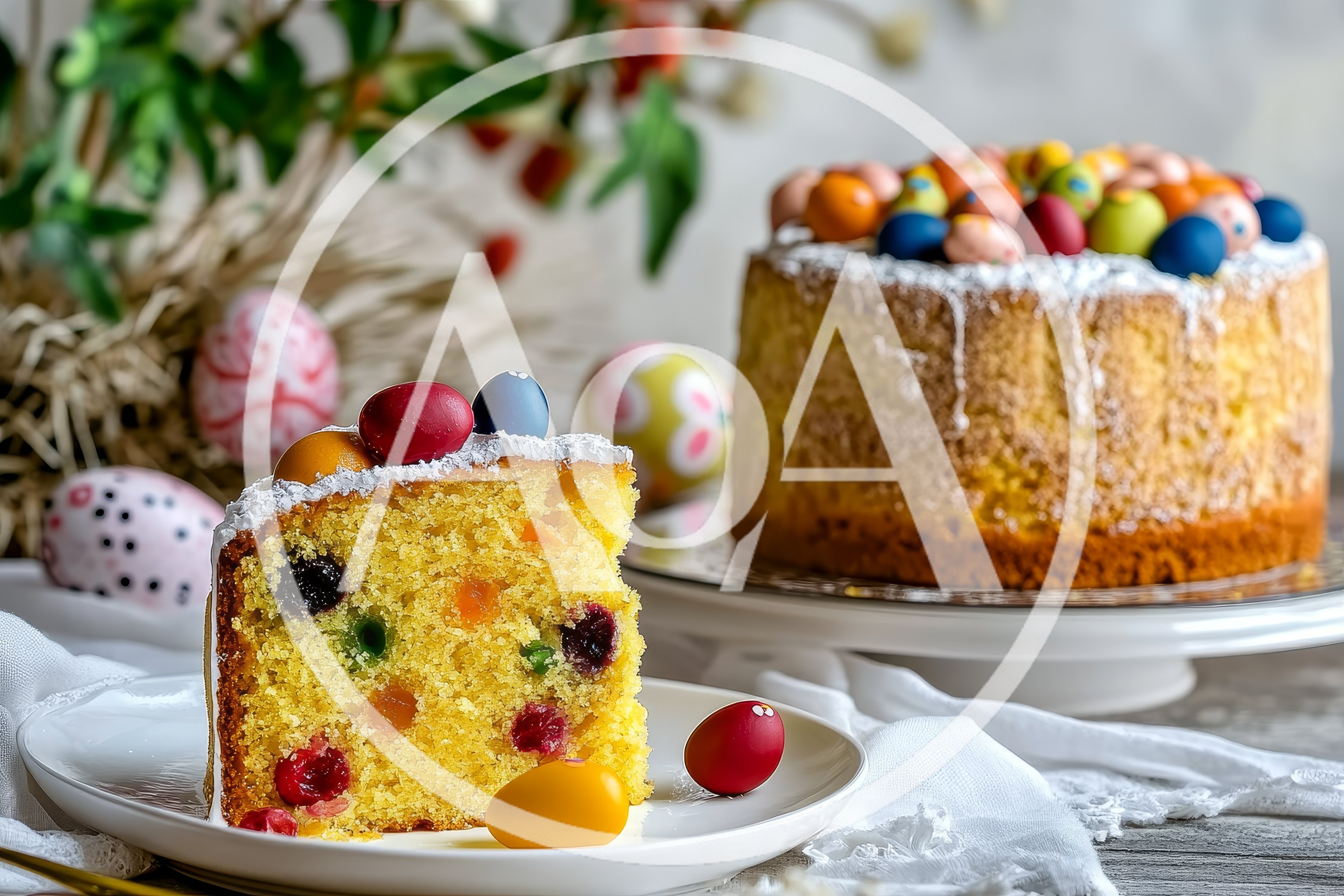 Easter Cake Slice With Colorful Candy Eggs