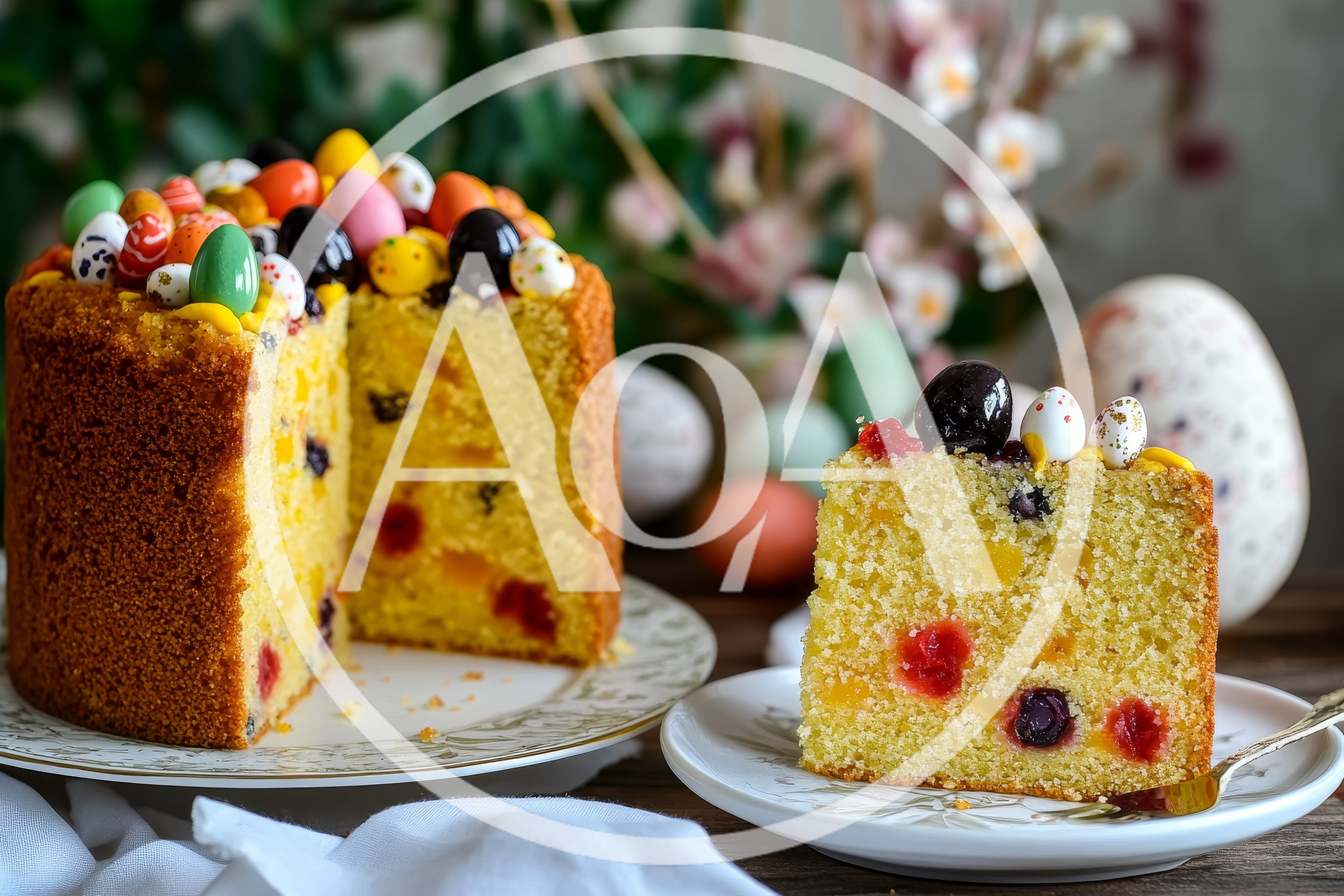 Easter Panettone Cake With Colorful Candy Eggs