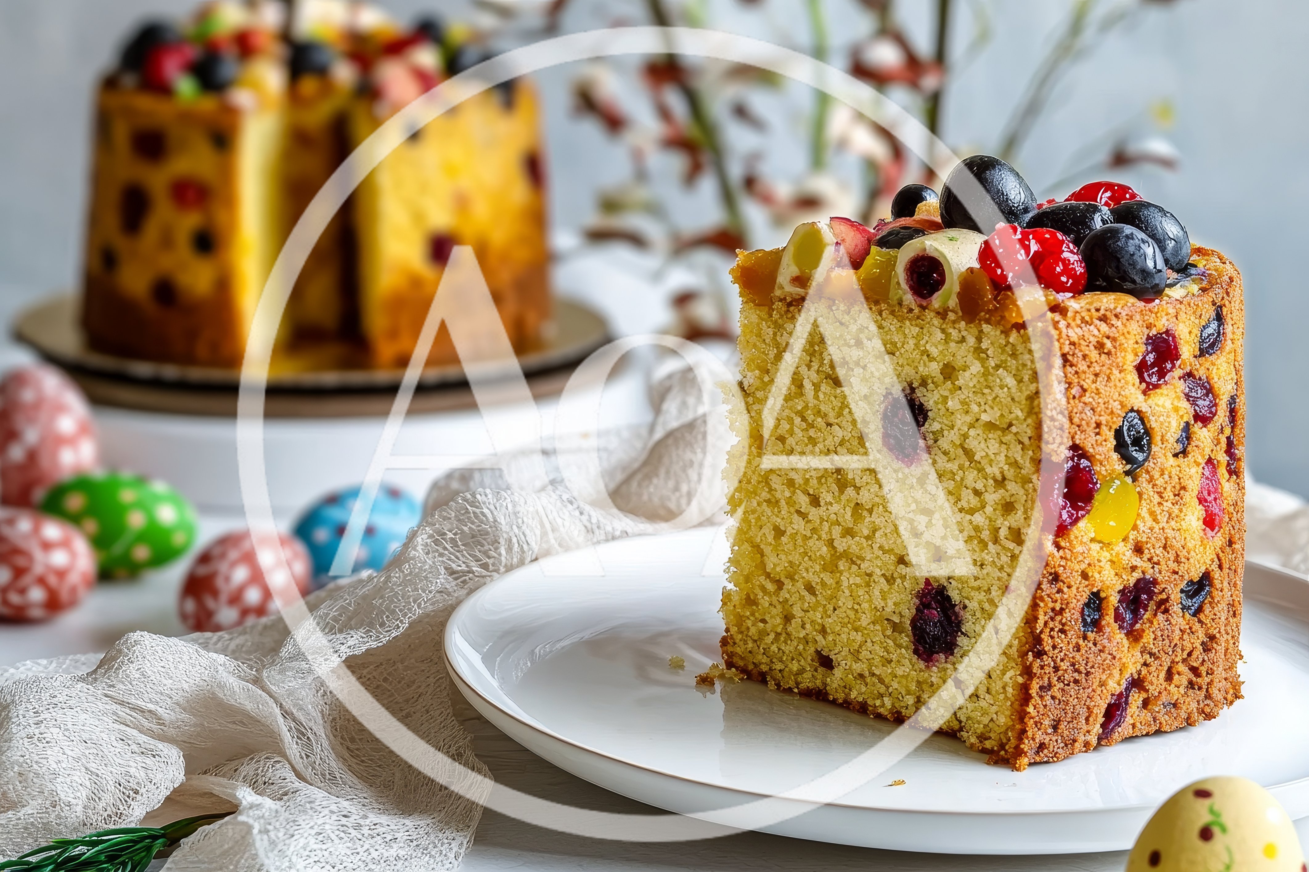 Slice Of Fruit Cake With Easter Decorations