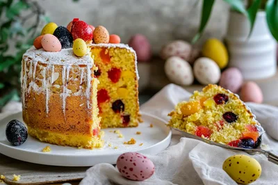 Easter Panettone Cake With Colorful Candy Eggs