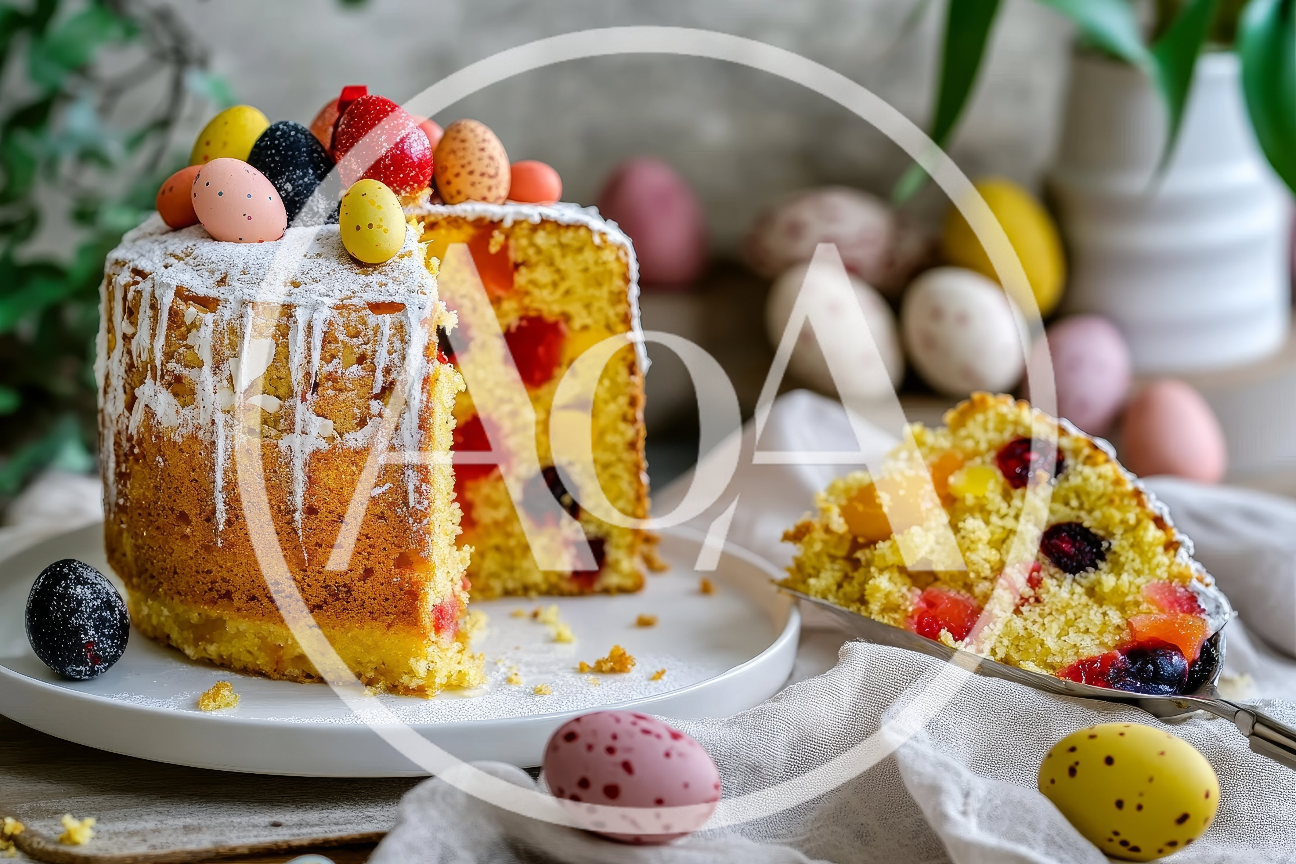 Easter Panettone Cake With Colorful Candy Eggs
