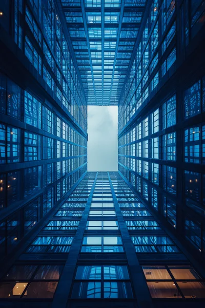Low Angle View Of Modern Glass Skyscraper Atrium