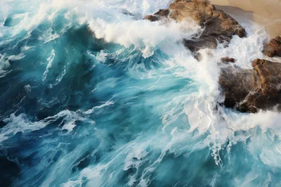 Aerial View Of Ocean Waves Crashing Against Rocky Shore