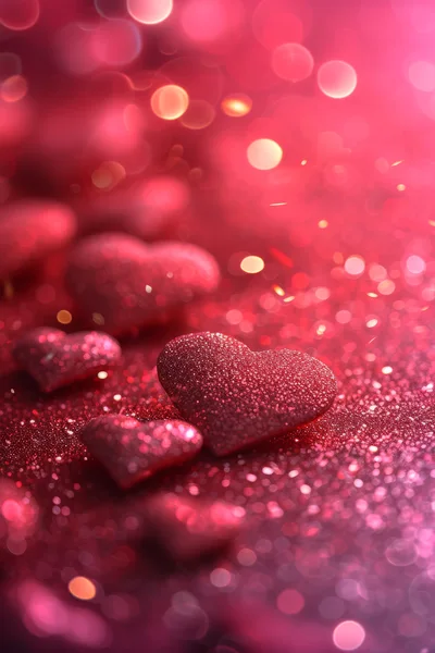 Sparkling Red Hearts On Glittering Background