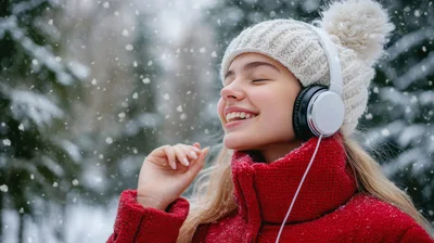 Young Woman Listening To Music In Snowy Forest