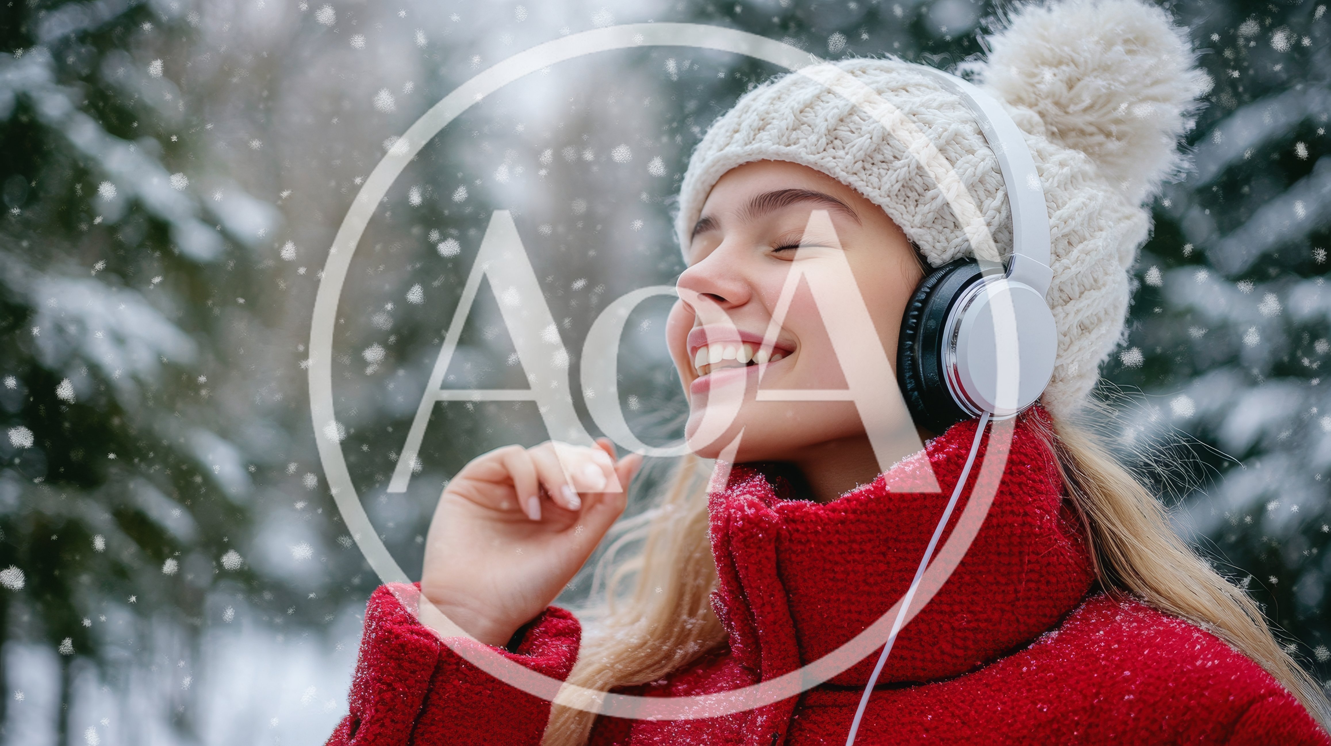 Young Woman Listening To Music In Snowy Forest