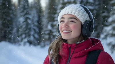Young Woman Listening To Music In Snowy Forest
