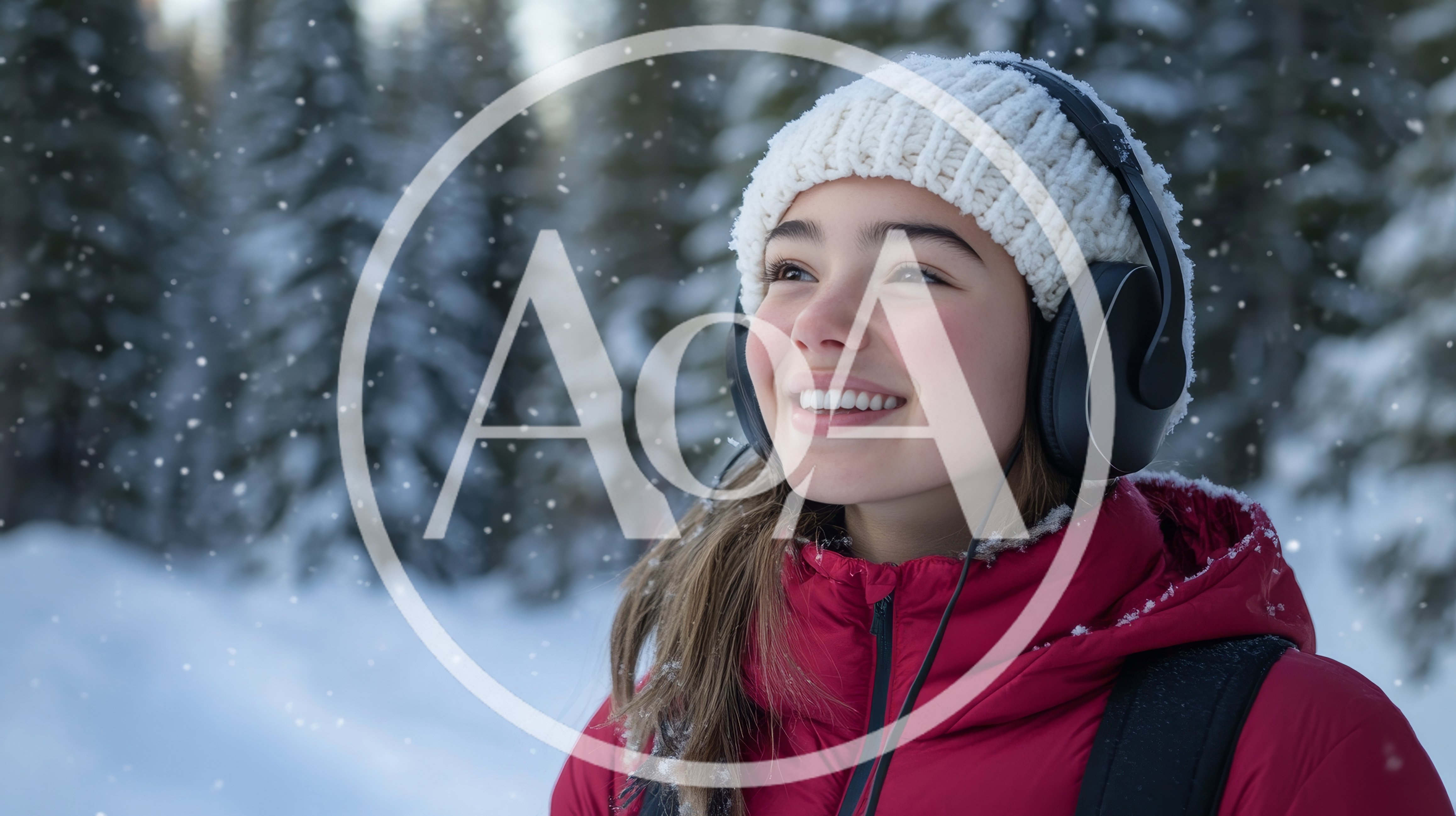 Young Woman Listening To Music In Snowy Forest