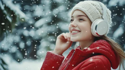 Young Woman Listening To Music In Snowy Forest