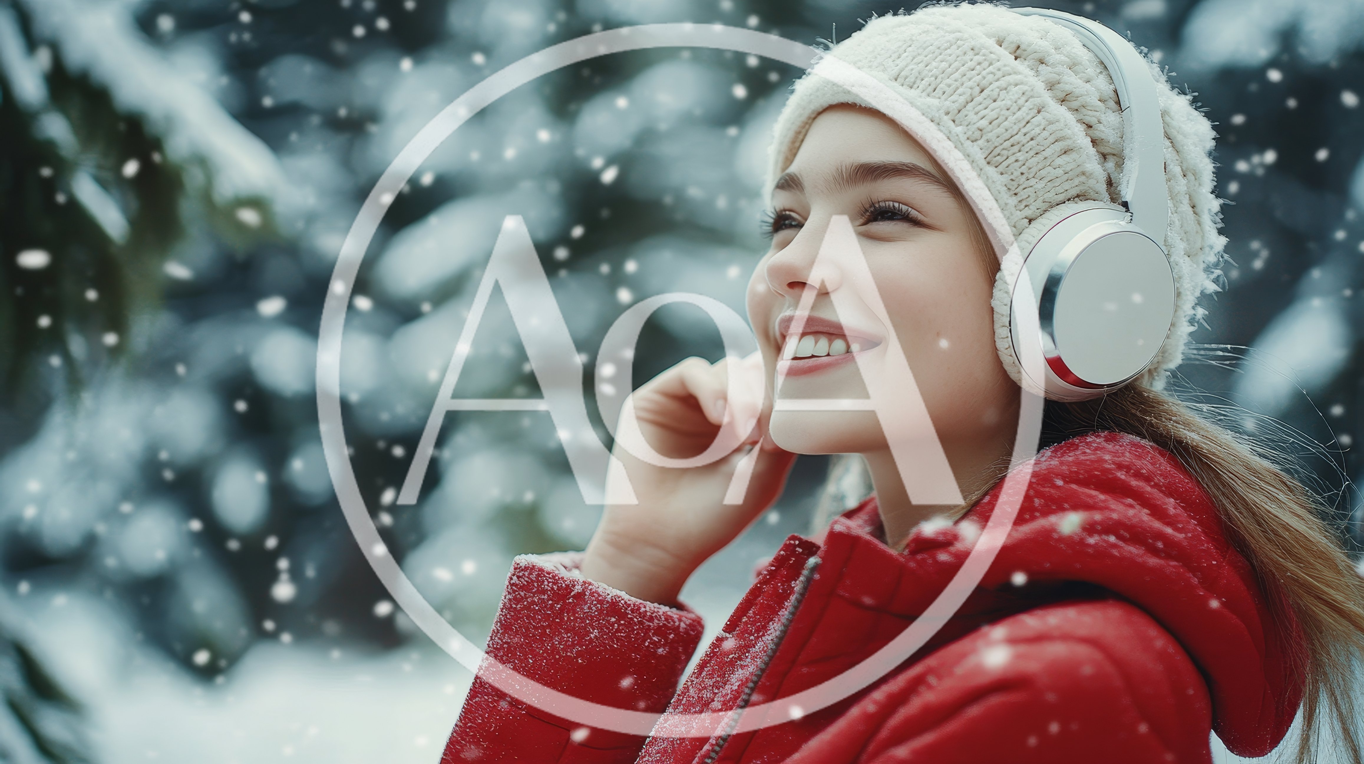 Young Woman Listening To Music In Snowy Forest