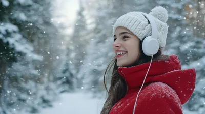 Young Woman Listening To Music In Snowy Forest