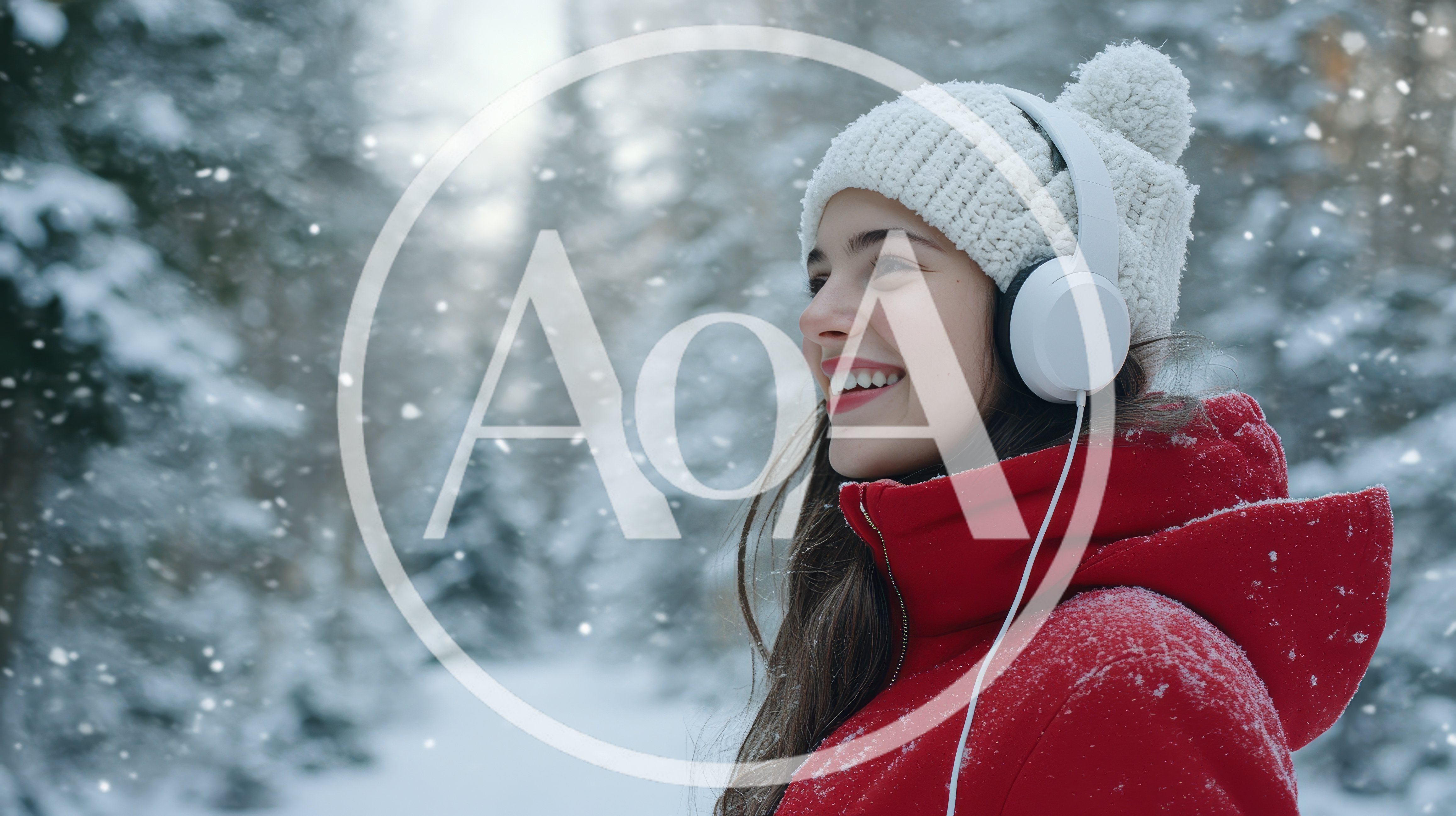 Young Woman Listening To Music In Snowy Forest