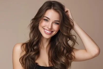 Portrait Of A Smiling Woman With Long Wavy Hair