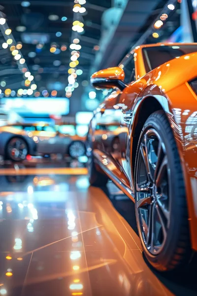 Orange Sports Car Displayed in Modern Showroom