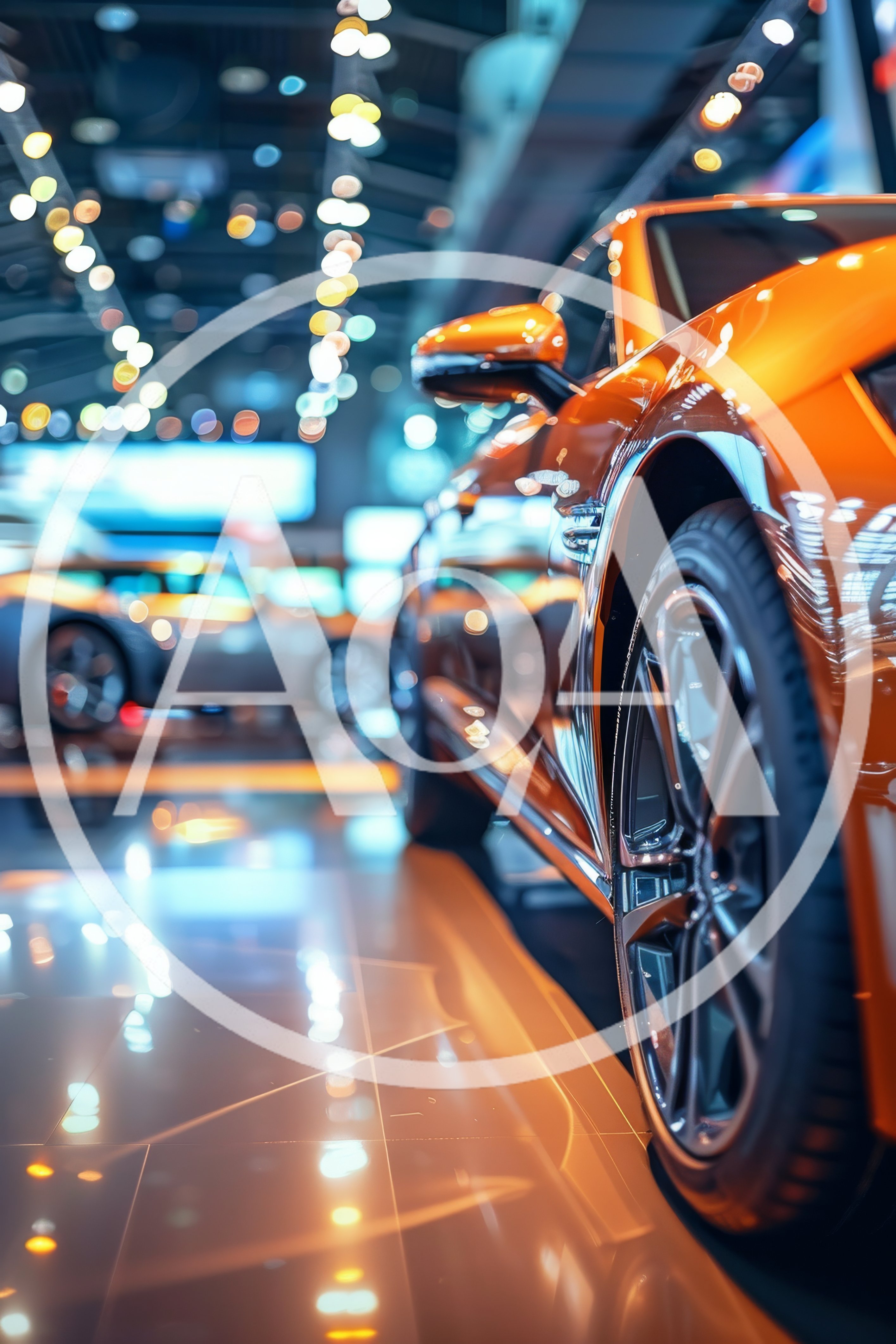 Orange Sports Car Displayed in Modern Showroom