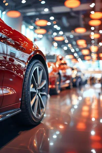 Red Luxury Cars Displayed In Modern Dealership Showroom