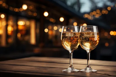 Two Glasses Of Sparkling Wine On A Wooden Table