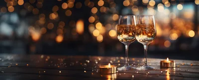 Two Wine Glasses With Sparkling Champagne And Candles