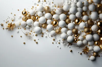Festive White and Gold Christmas Ornaments Flat Lay