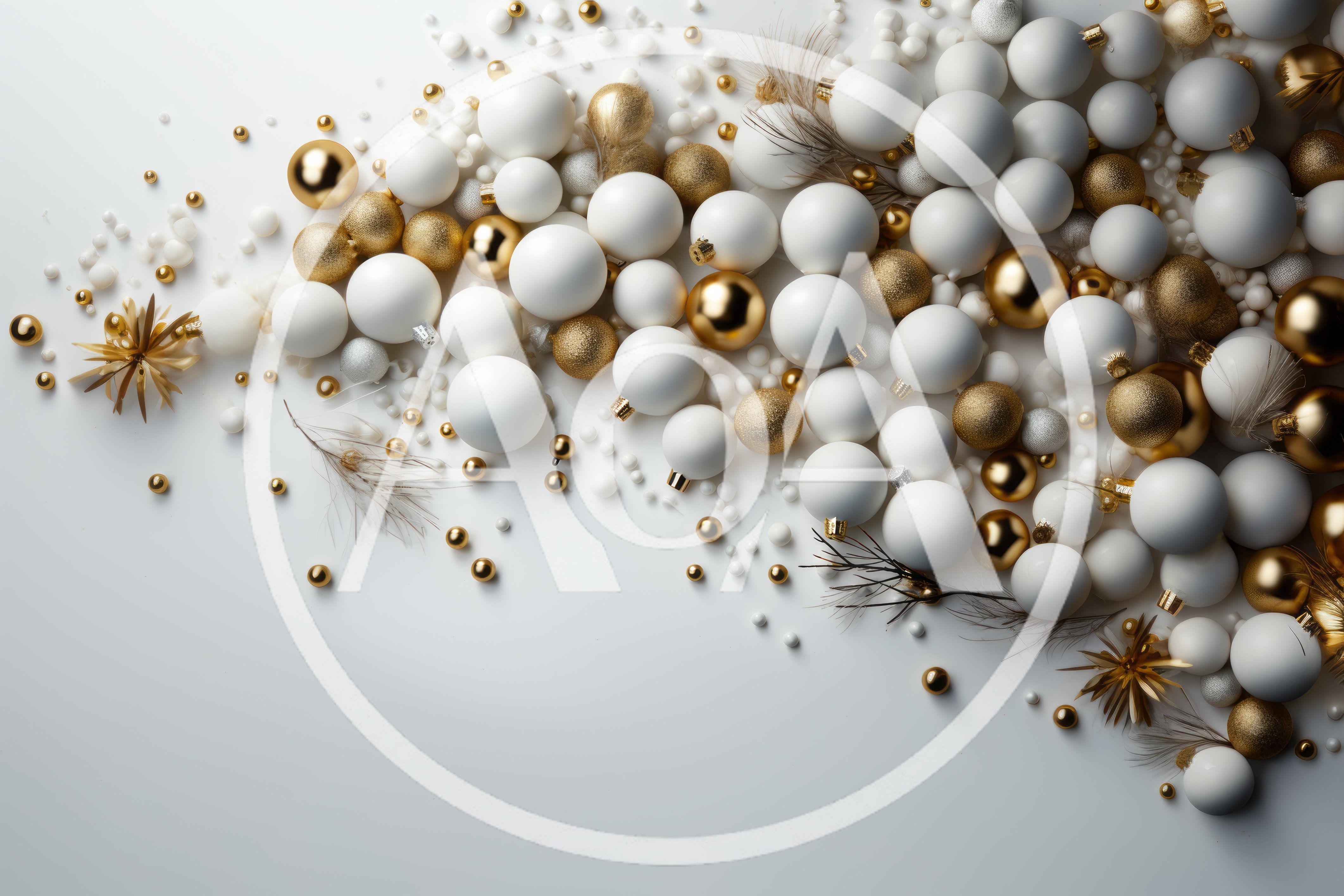Festive White and Gold Christmas Ornaments Flat Lay