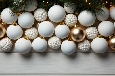 White And Gold Christmas Ornaments On Wooden Background