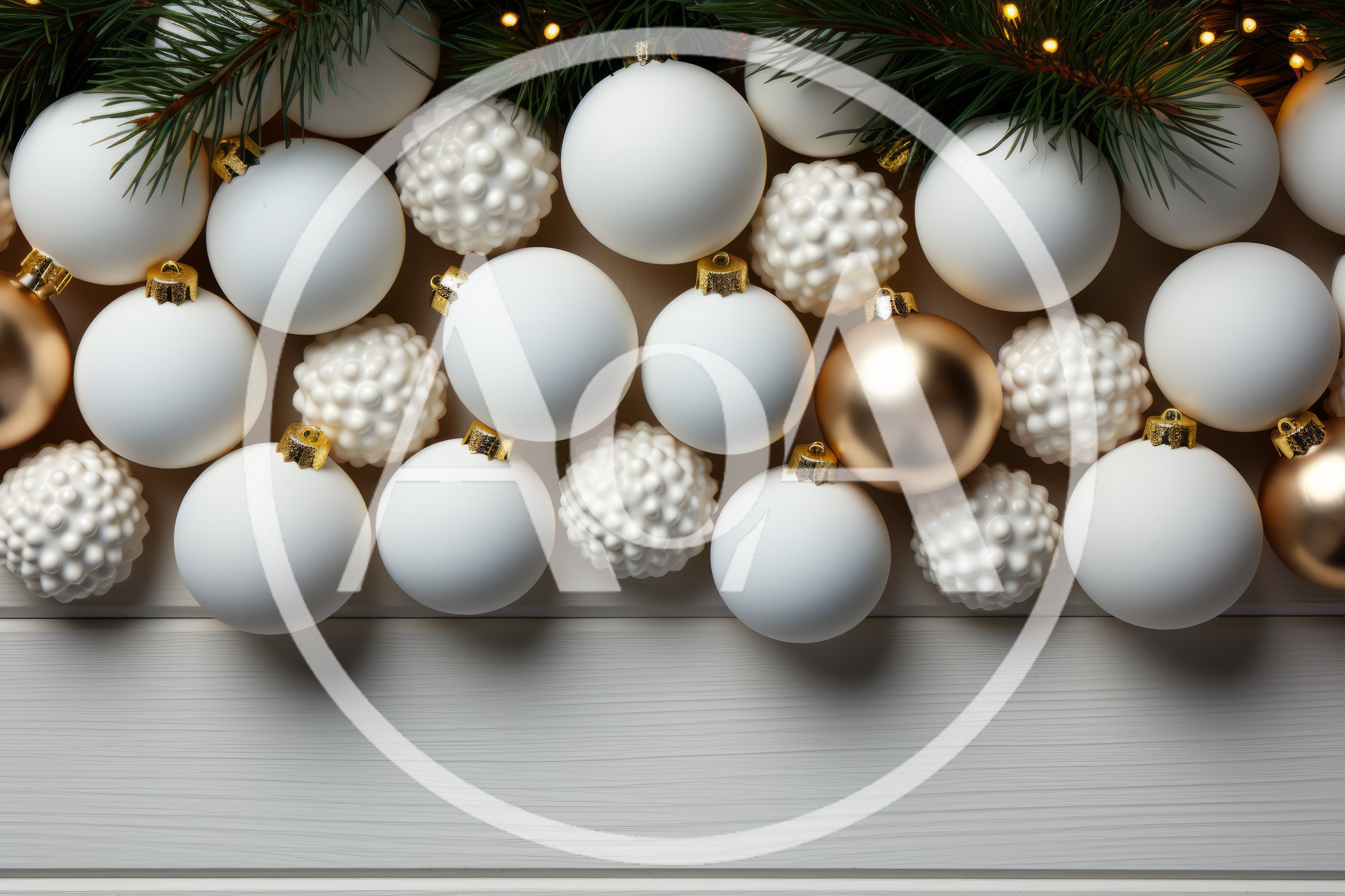 White And Gold Christmas Ornaments On Wooden Background