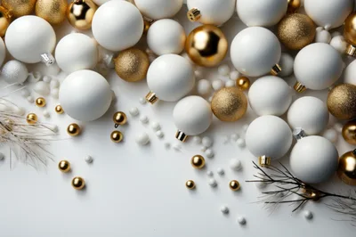 Festive White and Gold Christmas Ornaments Flat Lay