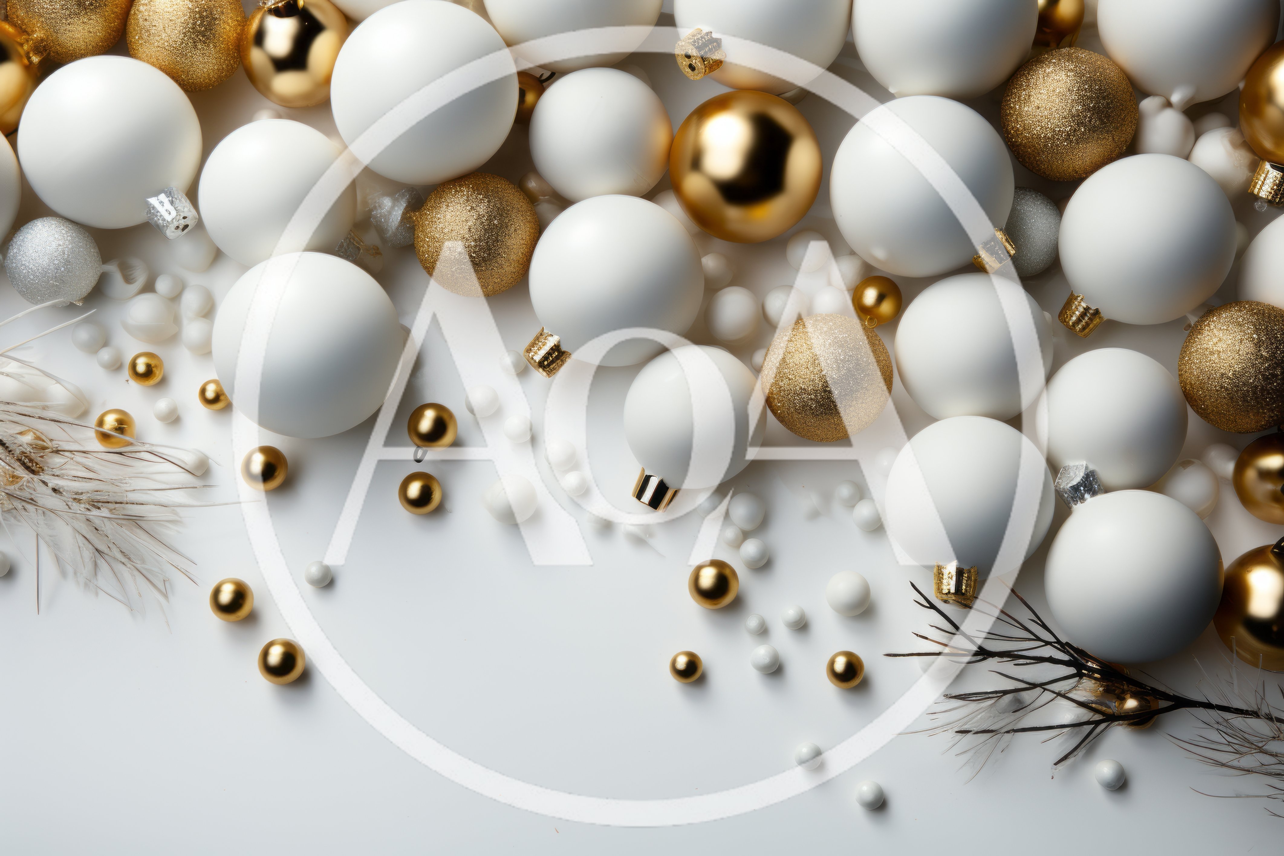 Festive White and Gold Christmas Ornaments Flat Lay