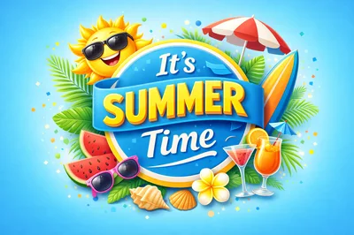 Summer Time Celebration Graphic with Sun and Tropical Elements