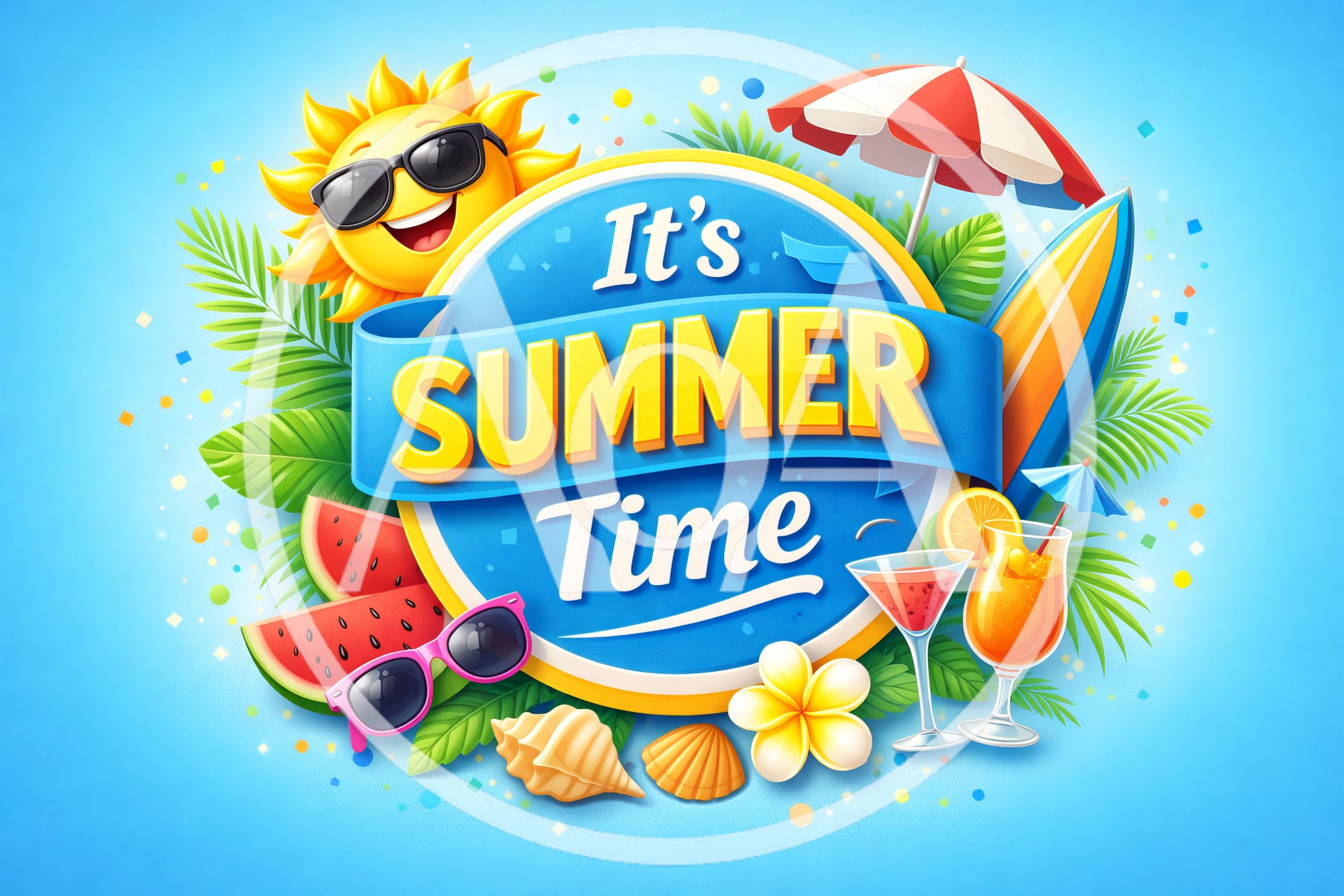 Summer Time Celebration Graphic with Sun and Tropical Elements