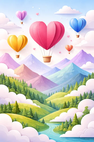 Paper Craft Heart Shaped Hot Air Balloons Over Mountains