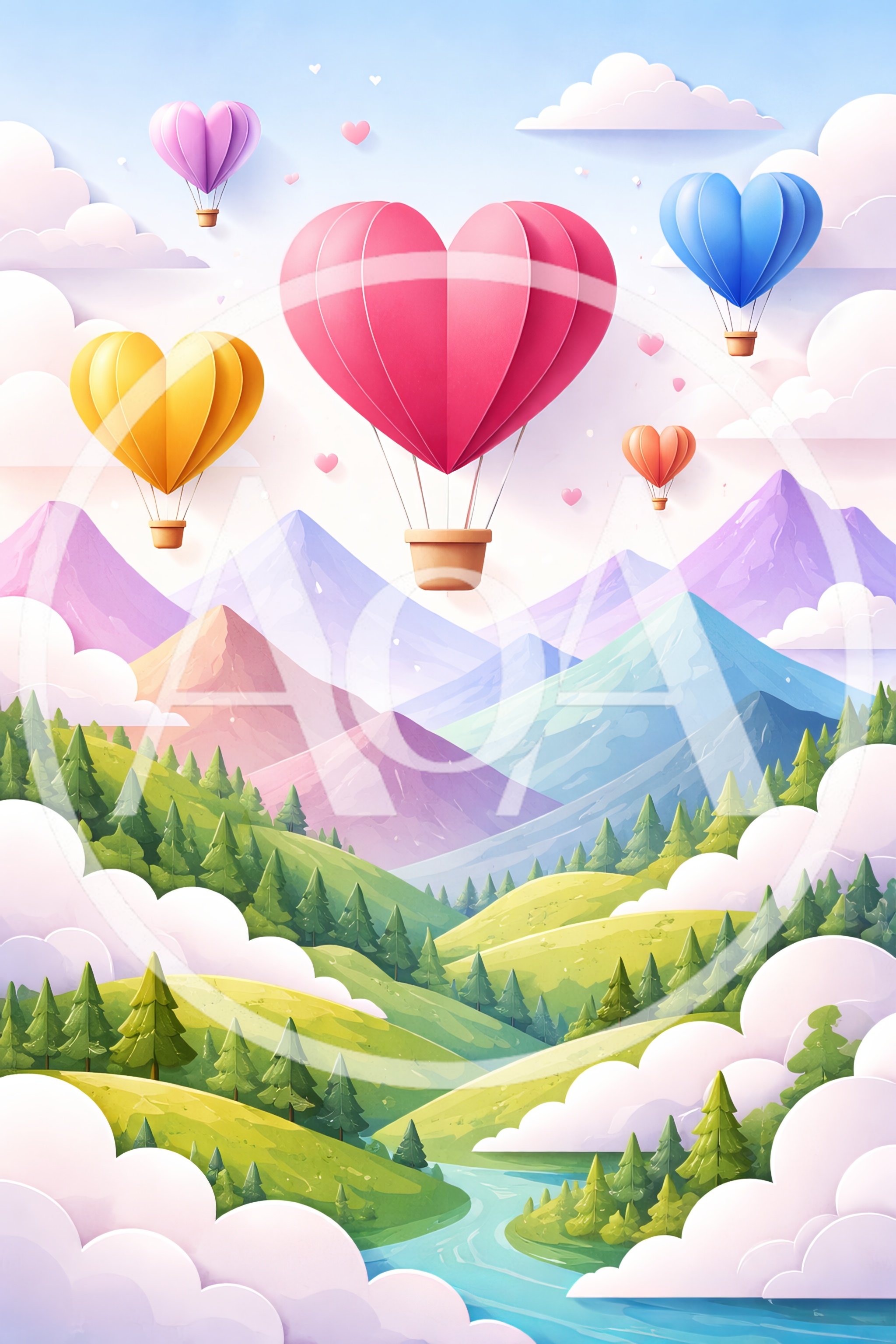 Paper Craft Heart Shaped Hot Air Balloons Over Mountains