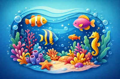 Colorful Underwater Coral Reef Scene With Tropical Fish