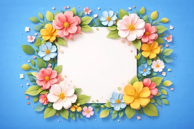 Floral Frame With Paper Cutout Flowers On Blue Background