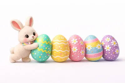 Cute Easter Bunny Pushing Decorated Colorful Eggs