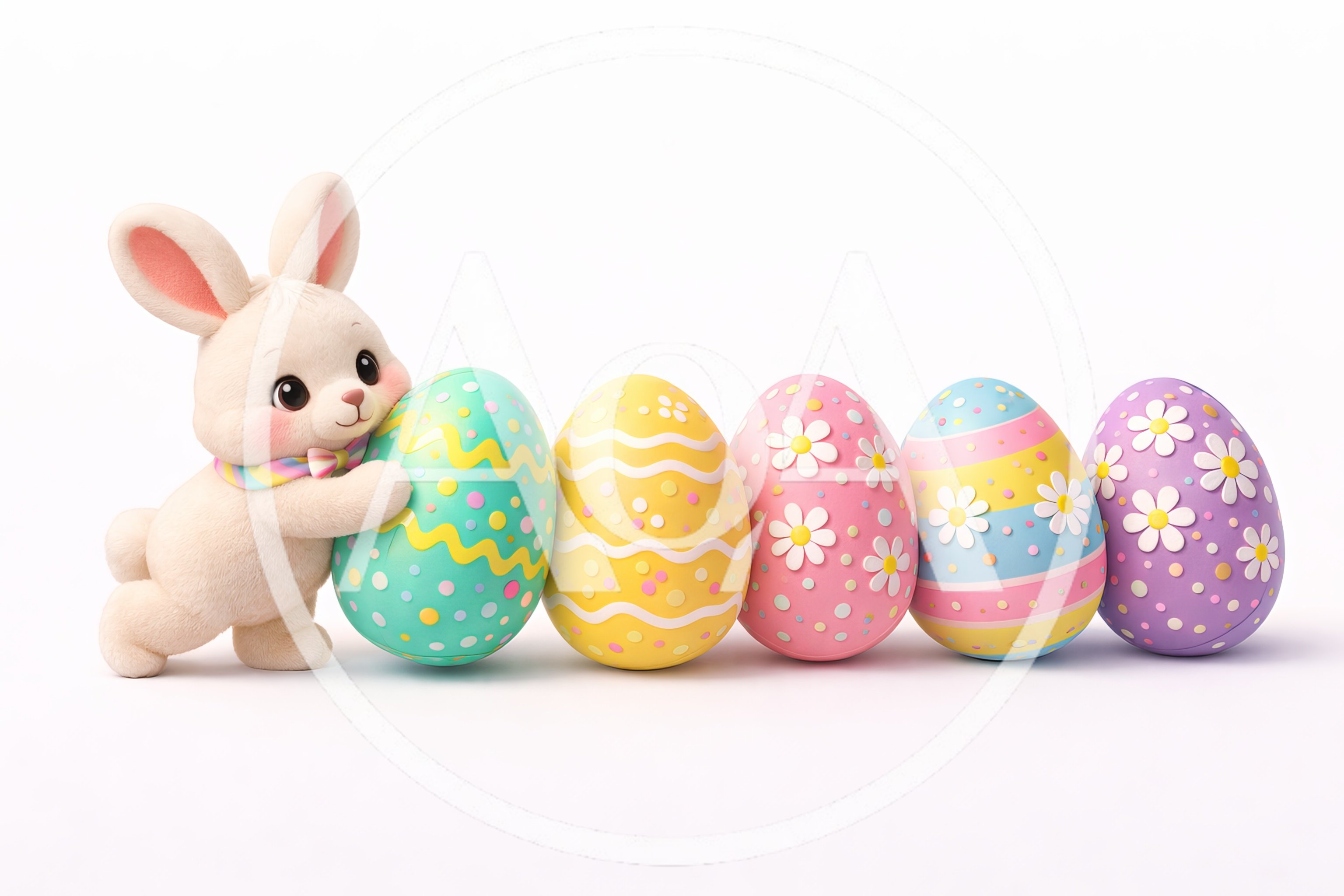 Cute Easter Bunny Pushing Decorated Colorful Eggs