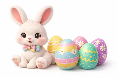 Cute Easter Bunny Sitting With Decorated Eggs