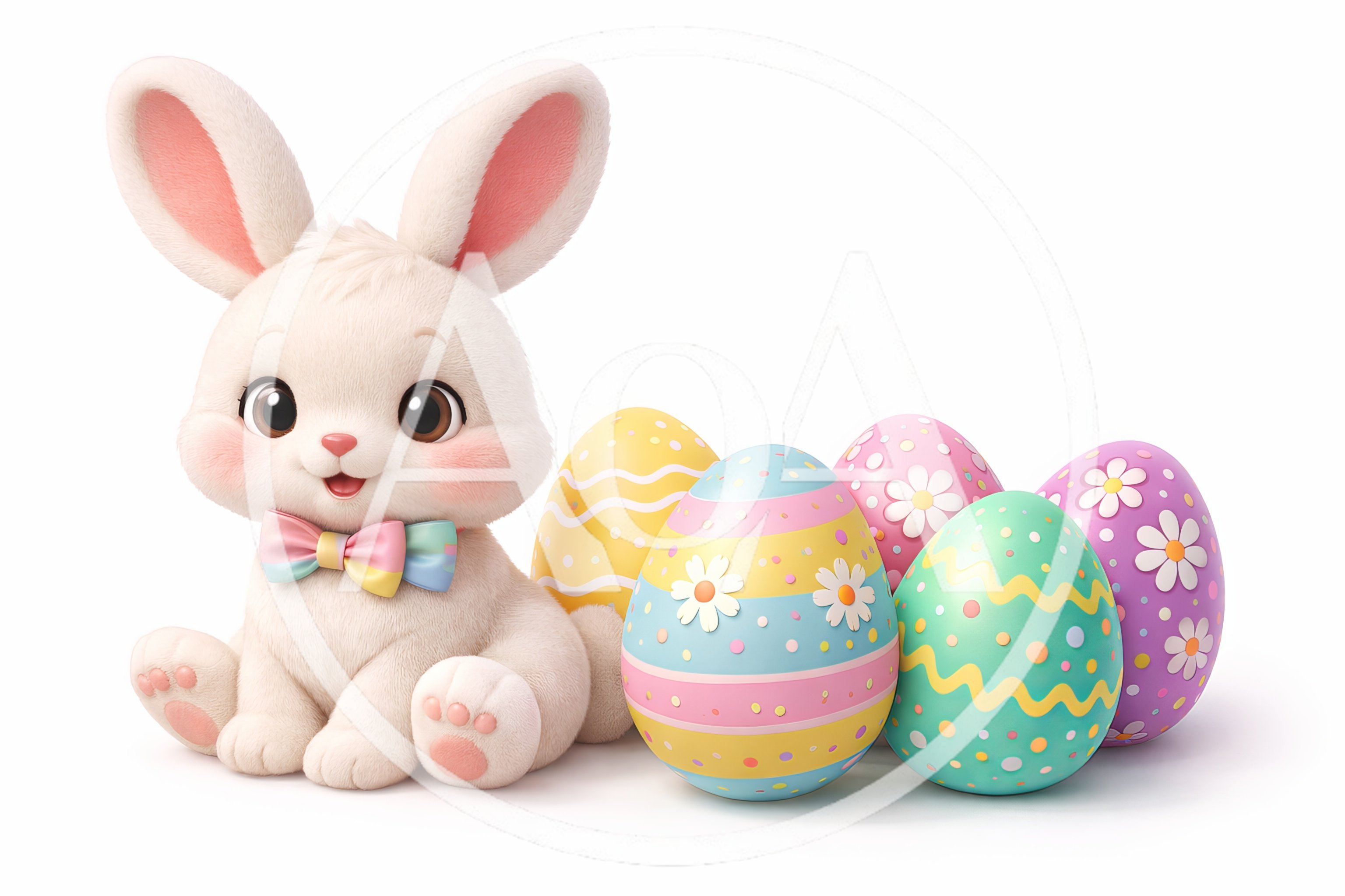 Cute Easter Bunny Sitting With Decorated Eggs