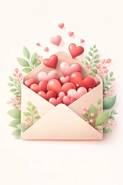 Open Envelope Filled With Decorative Hearts And Foliage