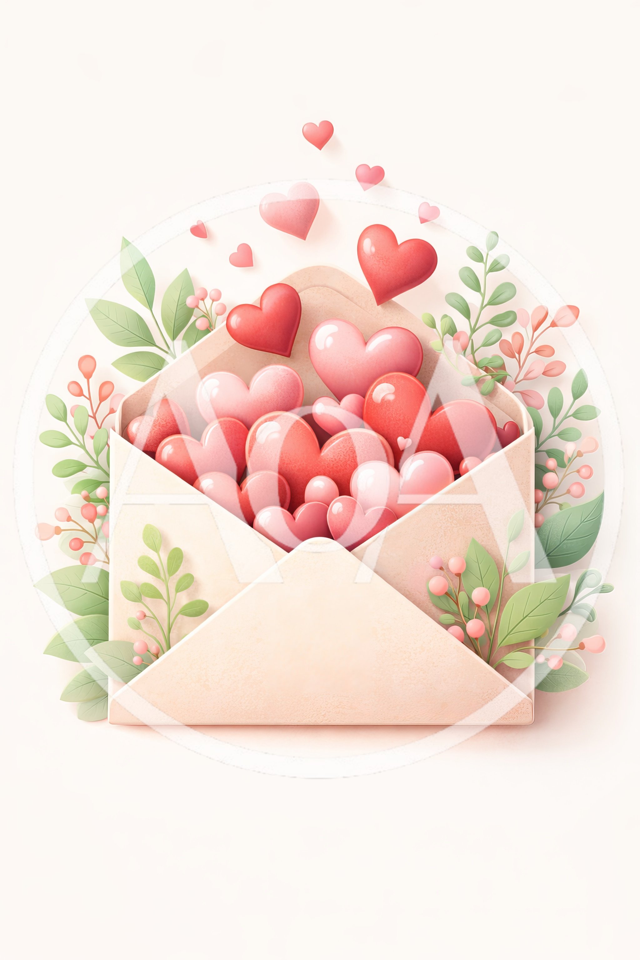 Open Envelope Filled With Decorative Hearts And Foliage