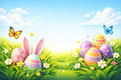 Easter Bunny Ears With Decorated Eggs In Spring Meadow