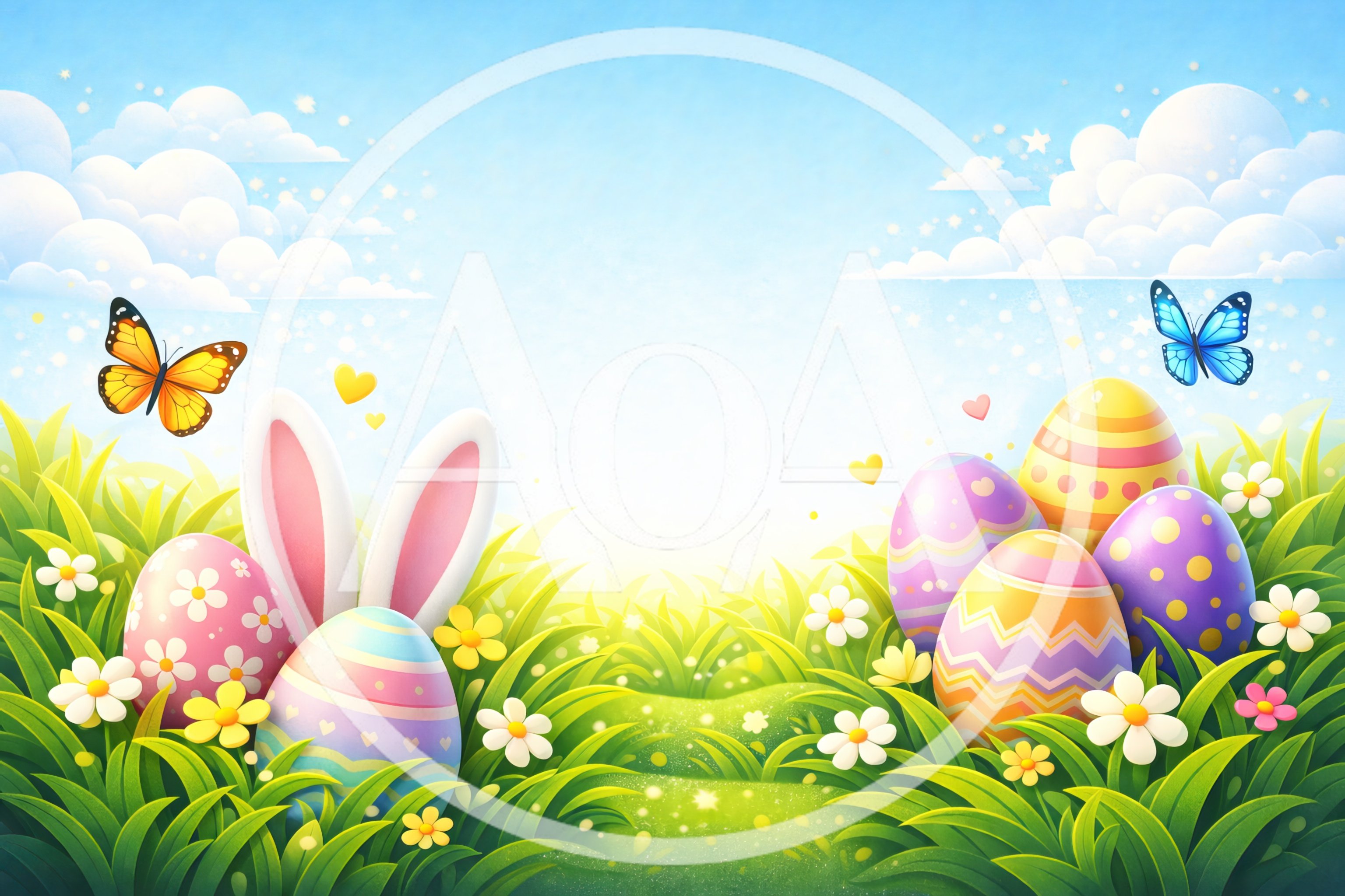 Easter Bunny Ears With Decorated Eggs In Spring Meadow
