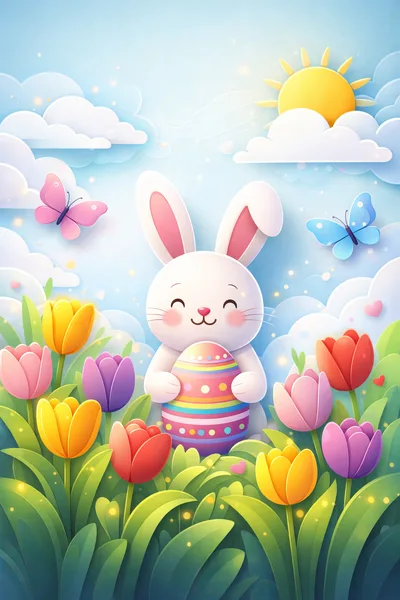 Cute Easter Bunny Holding A Colorful Decorated Egg