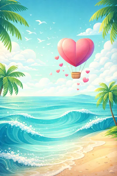 Heart Shaped Hot Air Balloon Over Tropical Beach