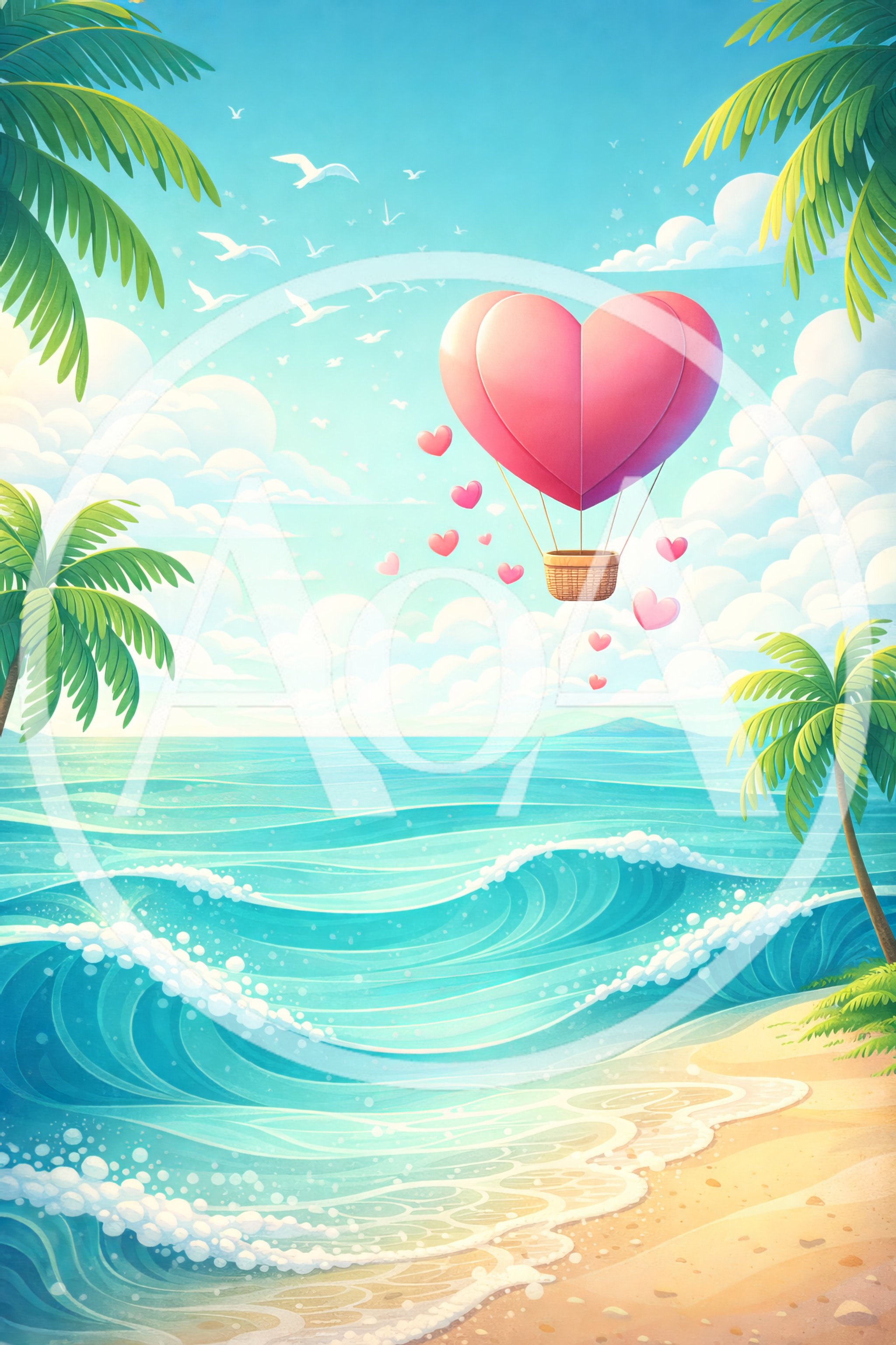 Heart Shaped Hot Air Balloon Over Tropical Beach
