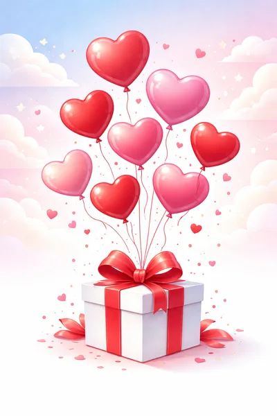 Heart Shaped Balloons Floating From A Gift Box